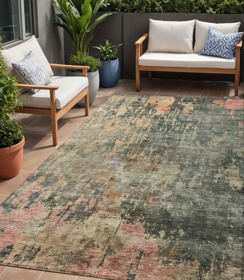 Sage Gray And Pink Abstract Washable Indoor Outdoor Area Rug Photo 1