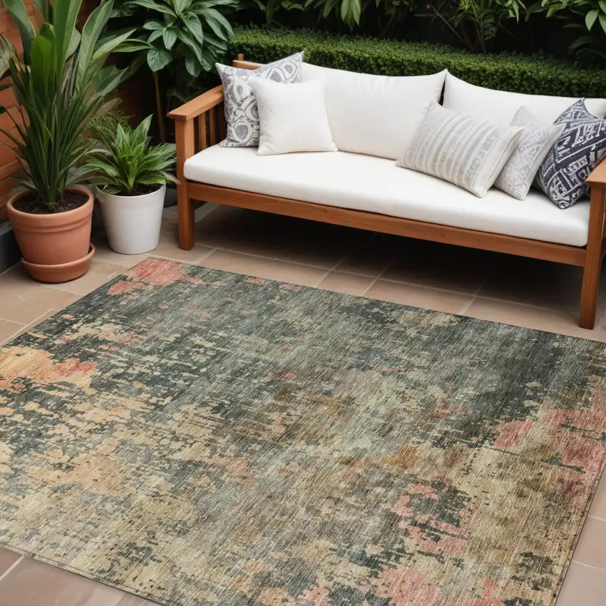 Sage Gray And Pink Abstract Washable Indoor Outdoor Area Rug Photo 1