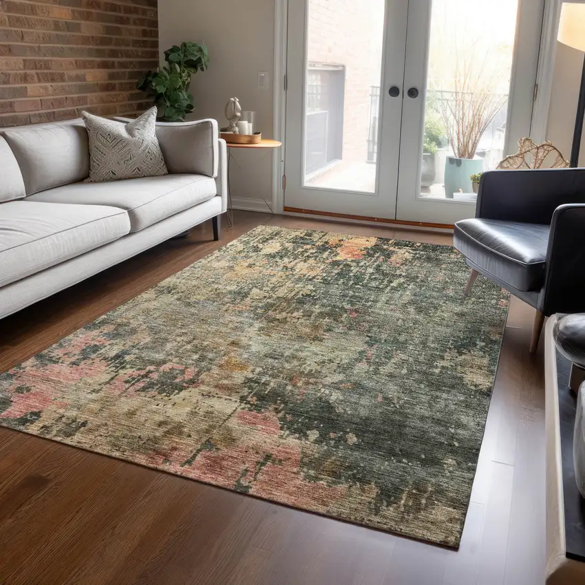 Sage Gray And Pink Abstract Washable Indoor Outdoor Area Rug Photo 9