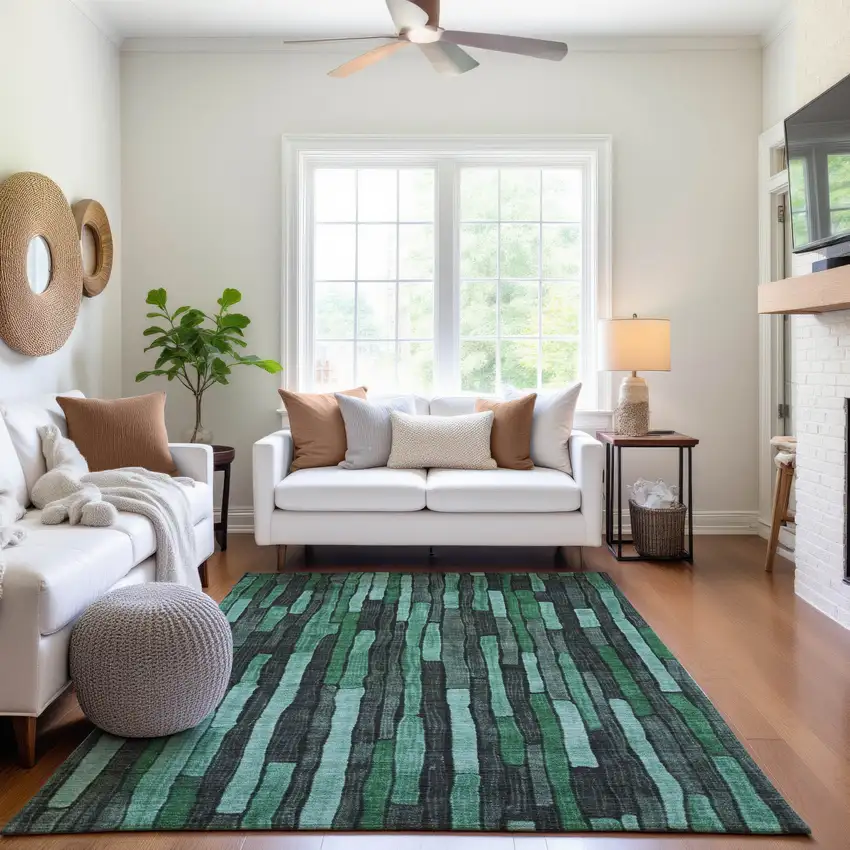 Sage Gray And Teal Striped Washable Area Rug With UV Protection Photo 4