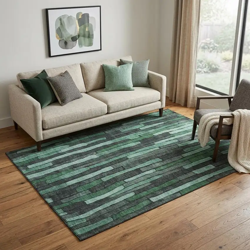 Sage Gray And Teal Striped Washable Area Rug With UV Protection Photo 1