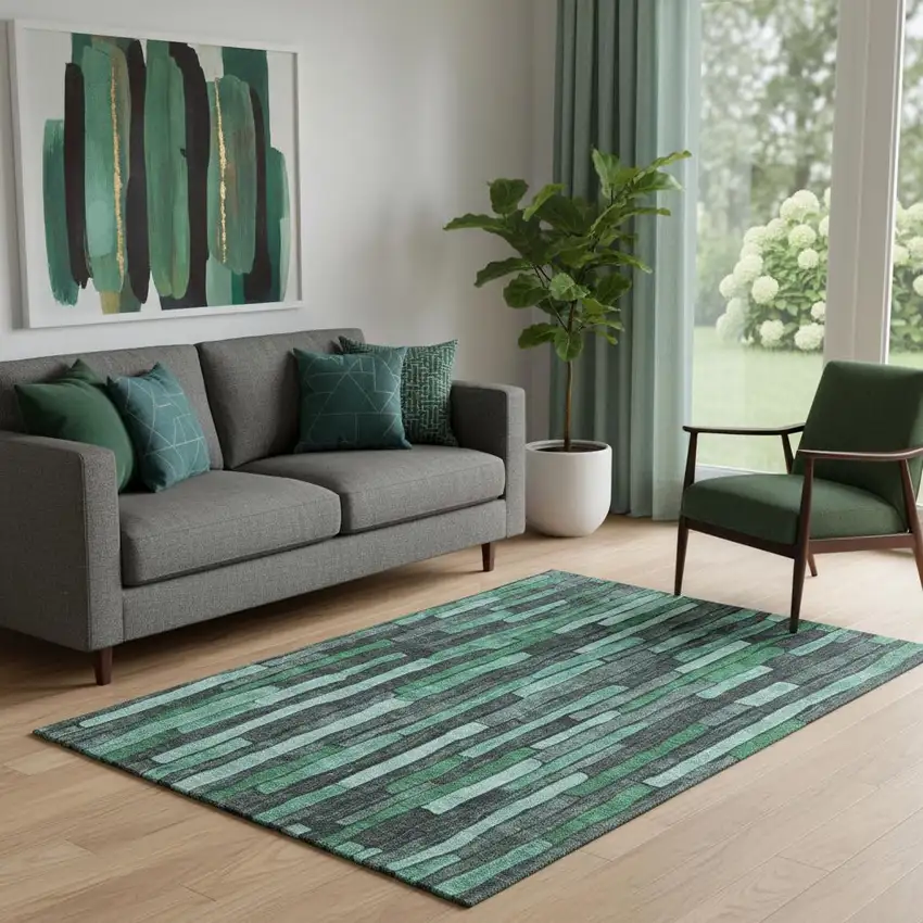Sage Gray And Teal Striped Washable Area Rug With UV Protection Photo 2