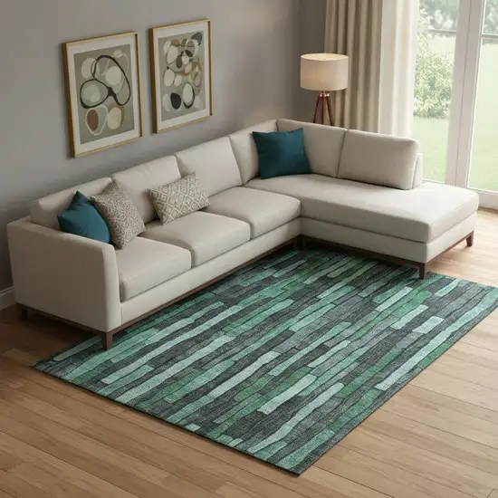 Sage Gray And Teal Striped Washable Area Rug With UV Protection Photo 2