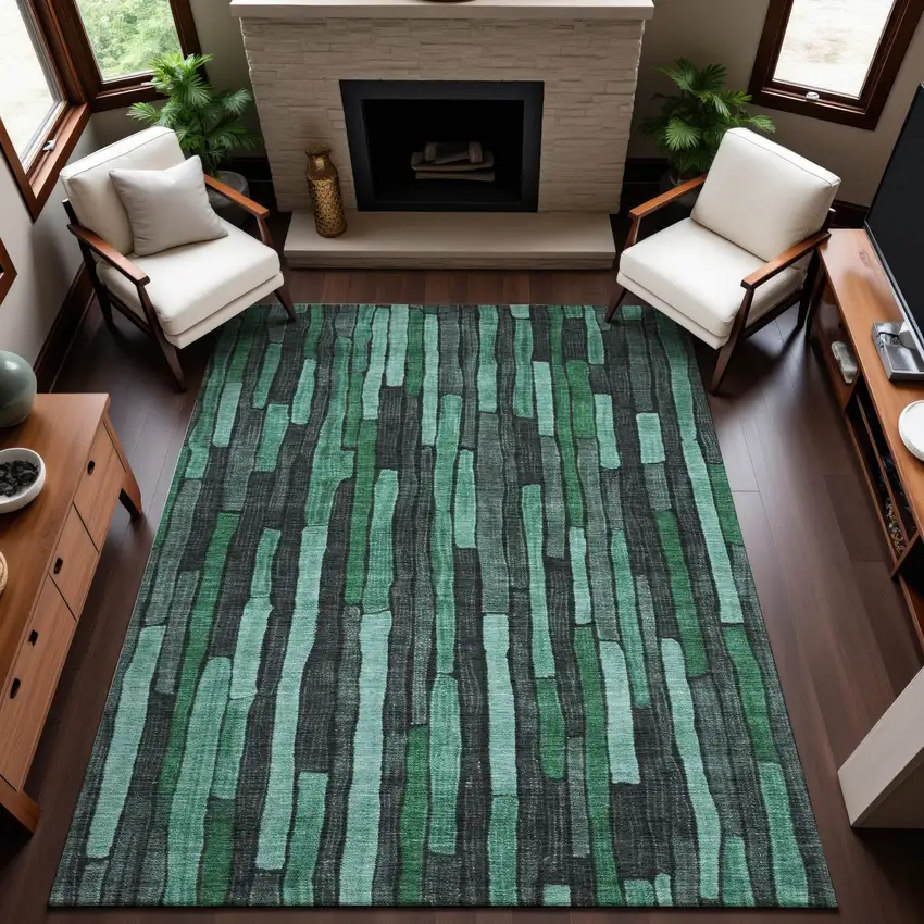 Sage Gray And Teal Striped Washable Area Rug With UV Protection Photo 3