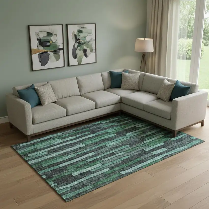 Sage Gray And Teal Striped Washable Area Rug With UV Protection Photo 2
