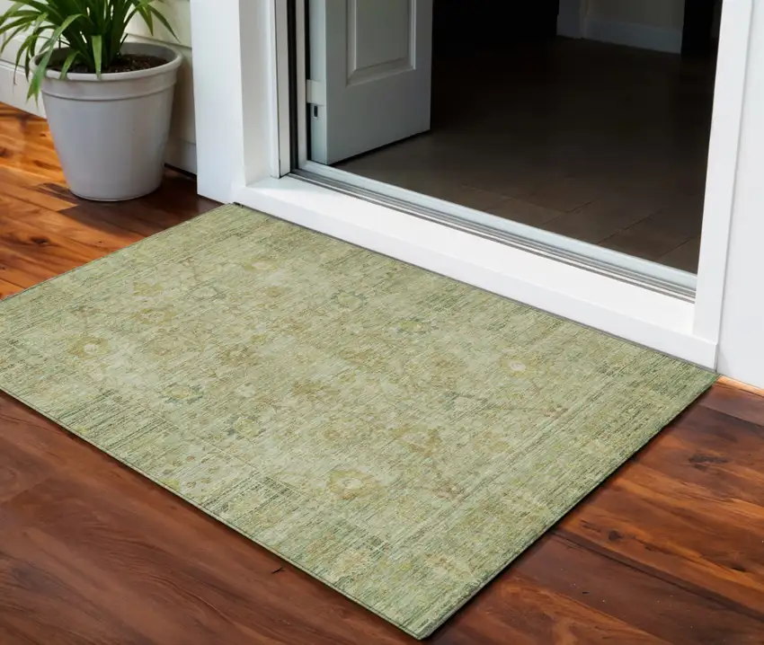 Sage Green And Brown Oriental Washable Indoor Outdoor Area Rug Photo 1
