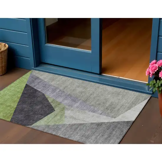 Sage Green And Charcoal Abstract Washable Indoor Outdoor Area Rug Photo 1
