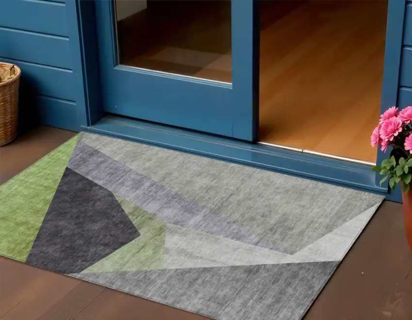 Sage Green And Charcoal Abstract Washable Indoor Outdoor Area Rug Photo 1