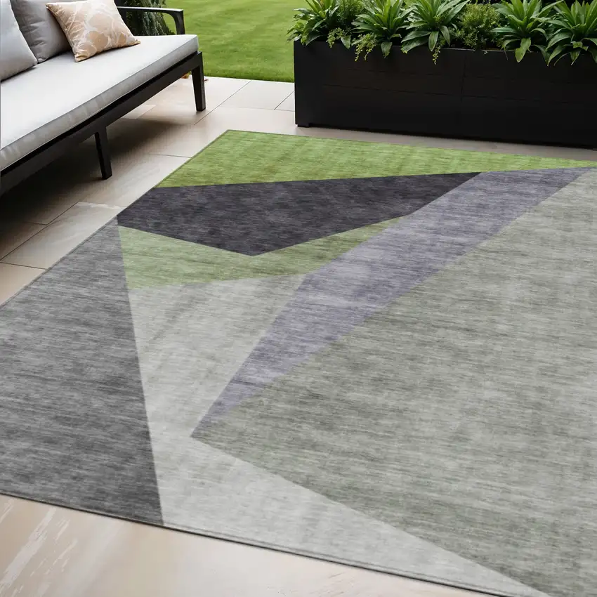 Sage Green And Charcoal Abstract Washable Indoor Outdoor Area Rug Photo 1