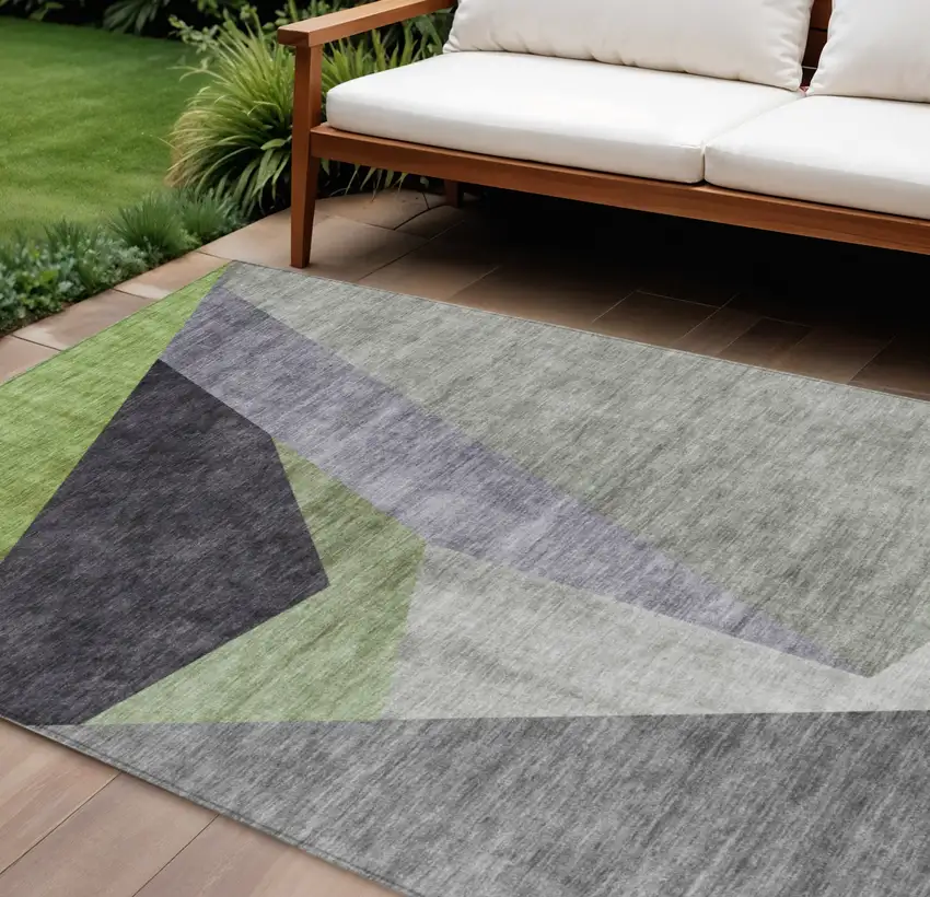 Sage Green And Charcoal Abstract Washable Indoor Outdoor Area Rug Photo 1