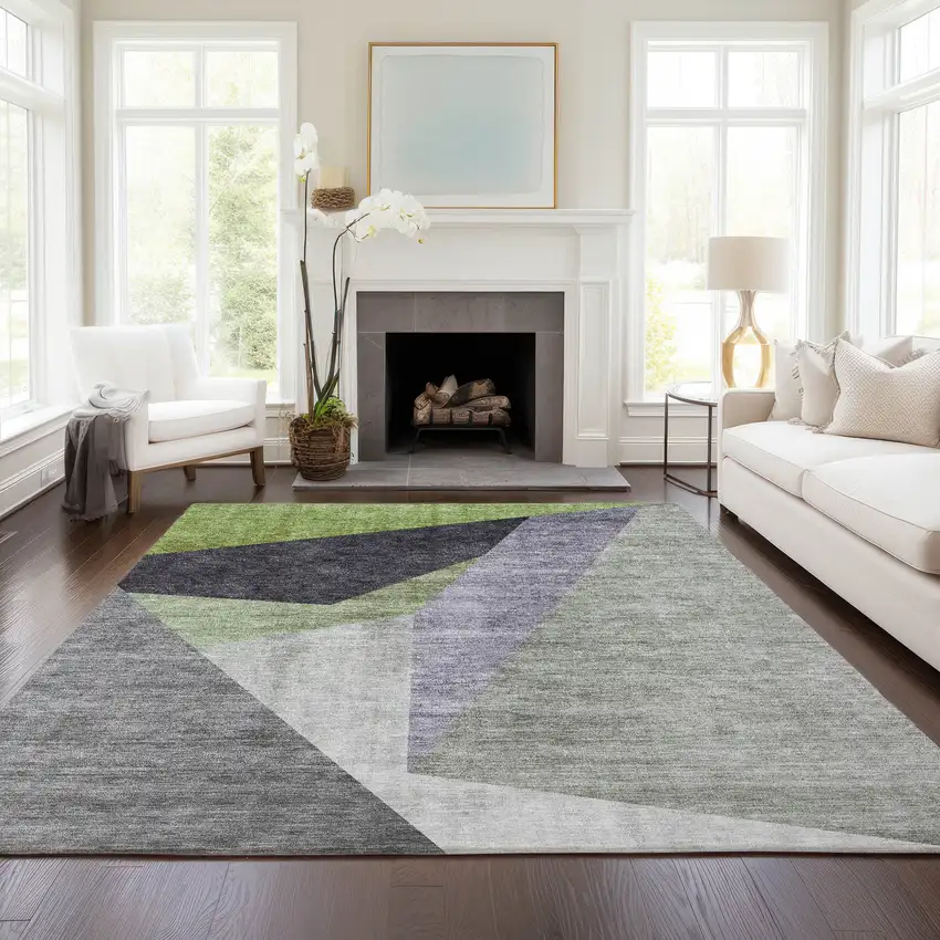 Sage Green And Charcoal Abstract Washable Indoor Outdoor Area Rug Photo 7