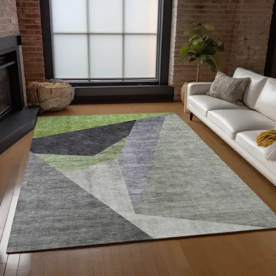 Sage Green And Charcoal Abstract Washable Indoor Outdoor Area Rug Photo 8