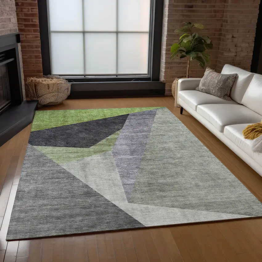Sage Green And Charcoal Abstract Washable Indoor Outdoor Area Rug Photo 8