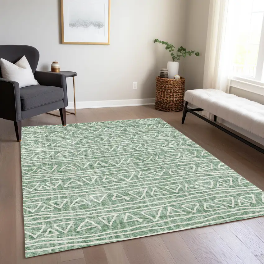Sage Green And Ivory Geometric Washable Indoor Outdoor Area Rug Photo 9