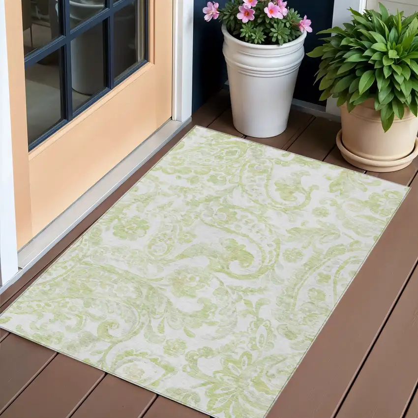 Sage Green And Ivory Paisley Washable Indoor Outdoor Area Rug Photo 1