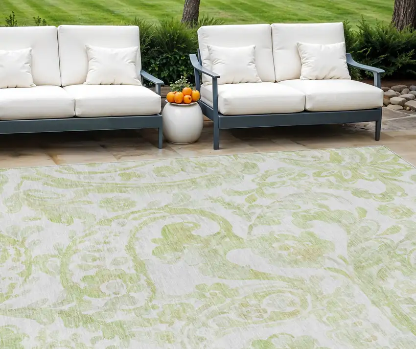 Sage Green And Ivory Paisley Washable Indoor Outdoor Area Rug Photo 1