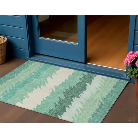 Sage Green And Ivory Striped Washable Indoor Outdoor Area Rug Photo 1