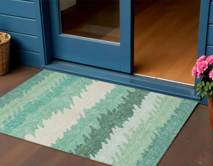 Sage Green And Ivory Striped Washable Indoor Outdoor Area Rug Photo 1