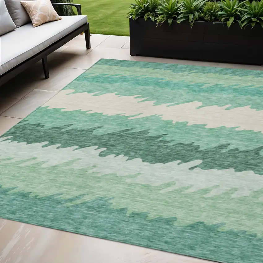 Sage Green And Ivory Striped Washable Indoor Outdoor Area Rug Photo 1