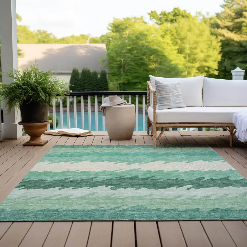 Sage Green And Ivory Striped Washable Indoor Outdoor Area Rug Photo 9