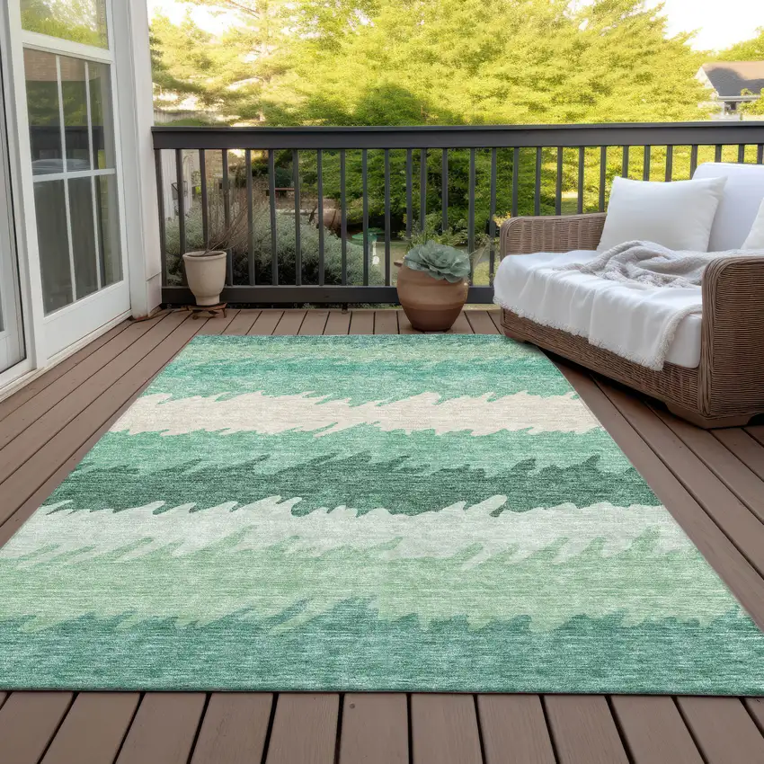 Sage Green And Ivory Striped Washable Indoor Outdoor Area Rug Photo 8
