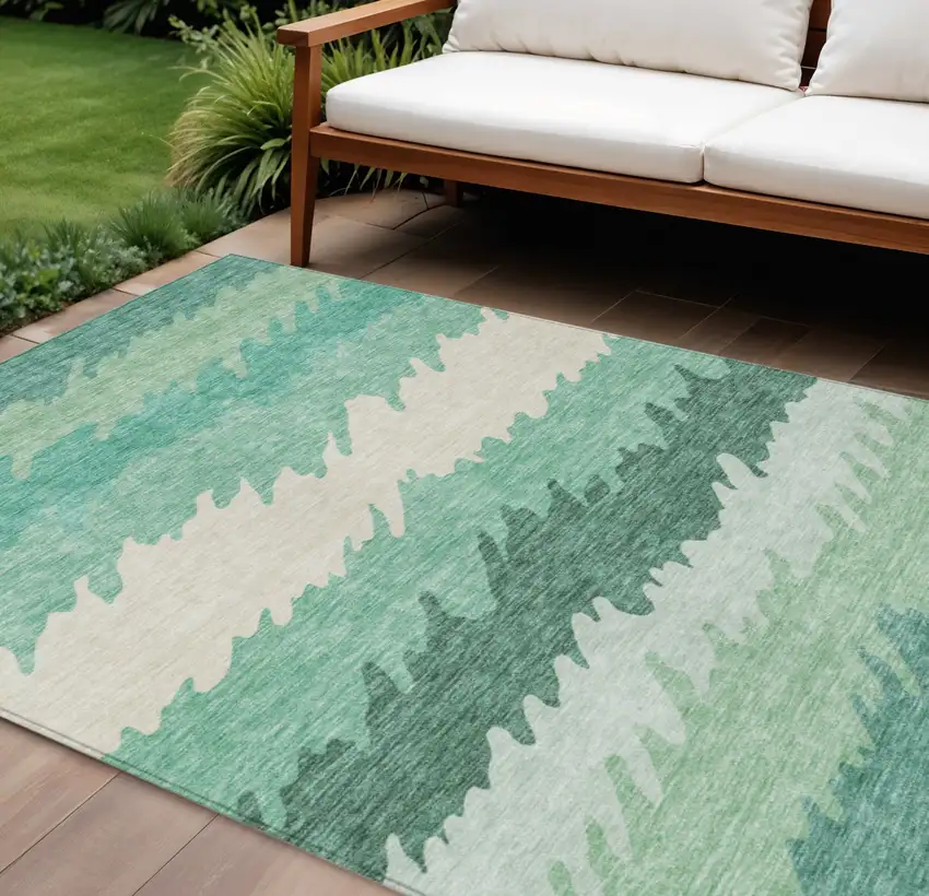 Sage Green And Ivory Striped Washable Indoor Outdoor Area Rug Photo 1