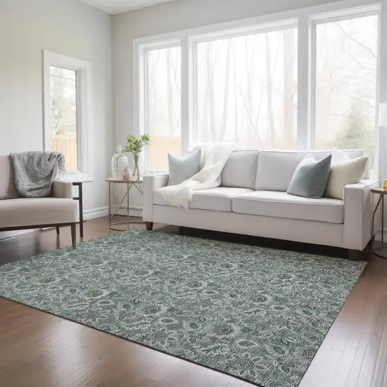 Sage Green And Silver Floral Washable Indoor Outdoor Area Rug Photo 9
