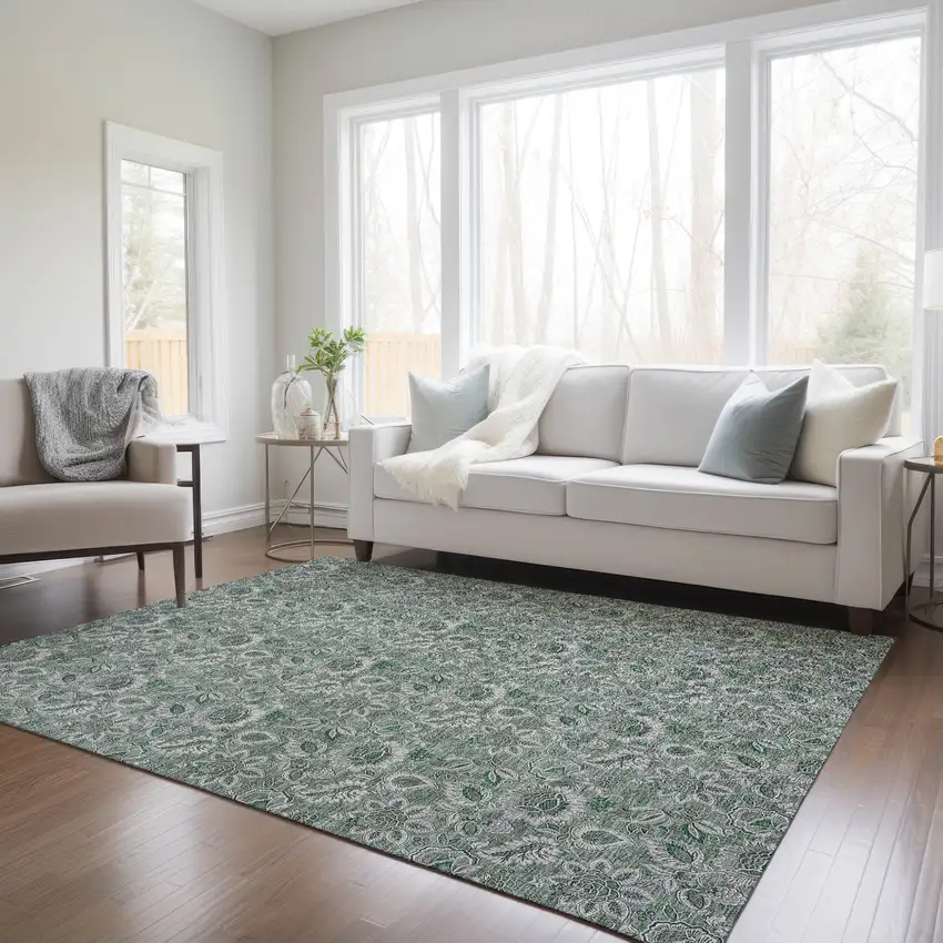 Sage Green And Silver Floral Washable Indoor Outdoor Area Rug Photo 9