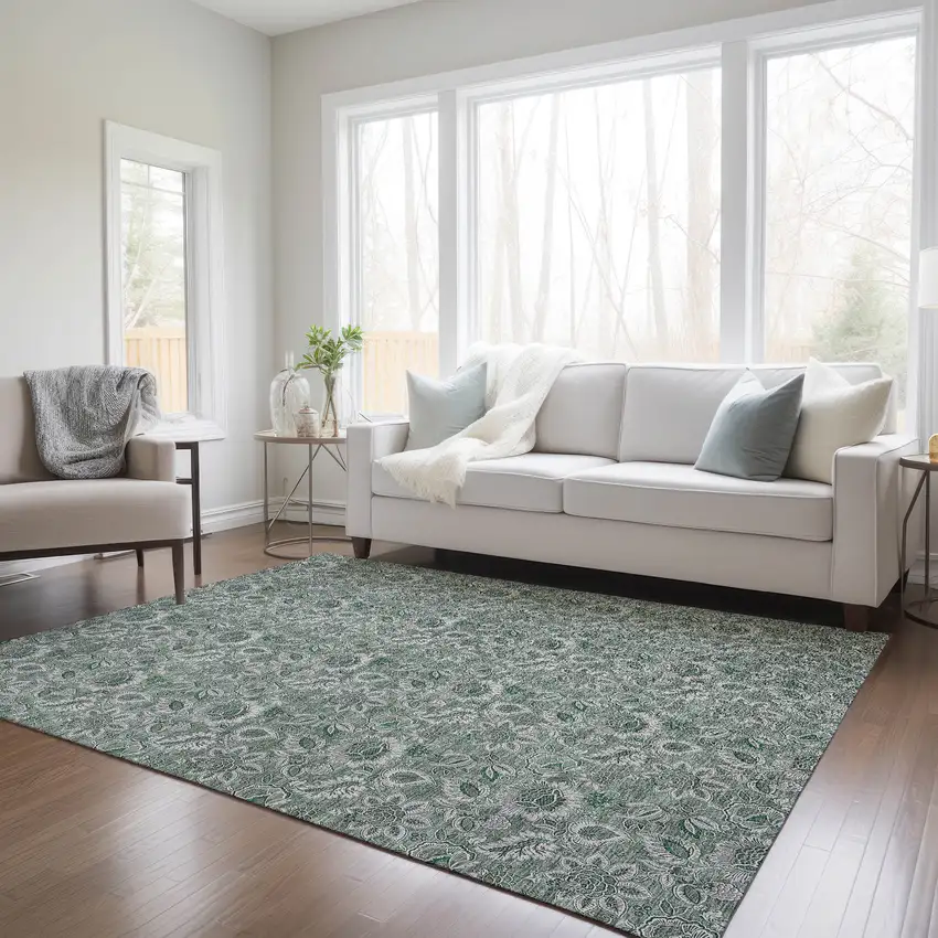 Sage Green And Silver Floral Washable Indoor Outdoor Area Rug Photo 9