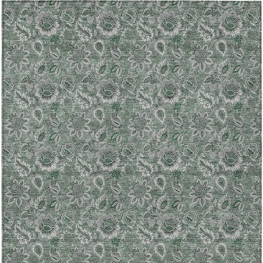 Sage Green And Silver Floral Washable Indoor Outdoor Area Rug Photo 6