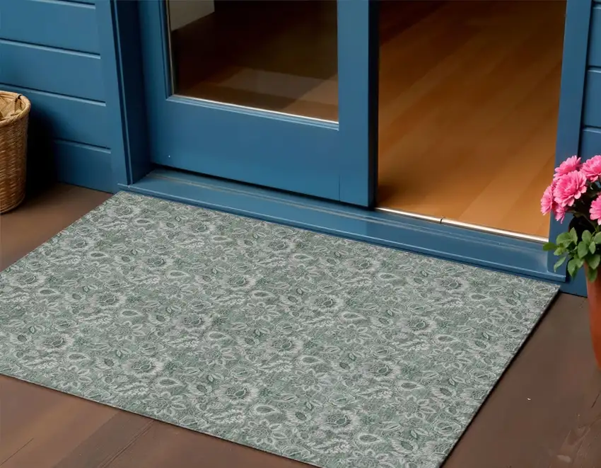 Sage Green And Silver Floral Washable Indoor Outdoor Area Rug Photo 1
