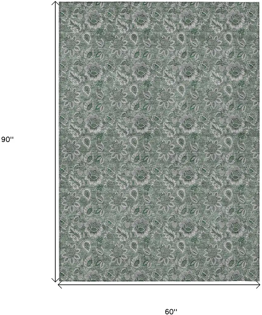 Sage Green And Silver Floral Washable Indoor Outdoor Area Rug Photo 3