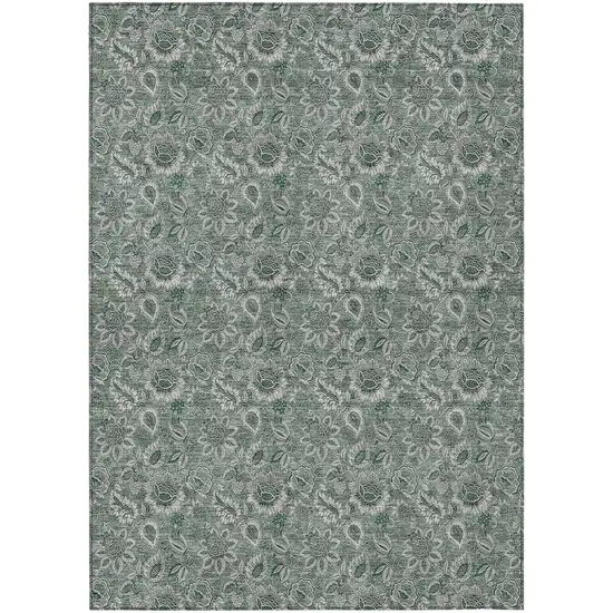 Sage Green And Silver Floral Washable Indoor Outdoor Area Rug Photo 2