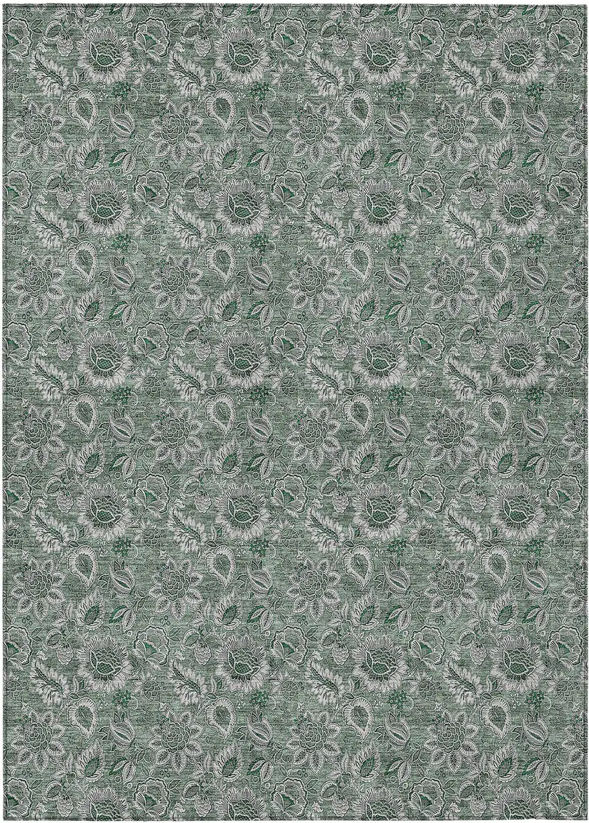 Sage Green And Silver Floral Washable Indoor Outdoor Area Rug Photo 2