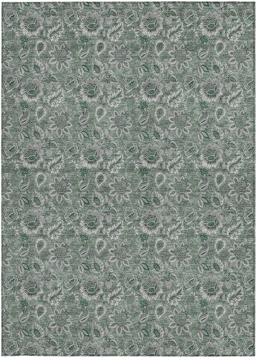 Sage Green And Silver Floral Washable Indoor Outdoor Area Rug Photo 6