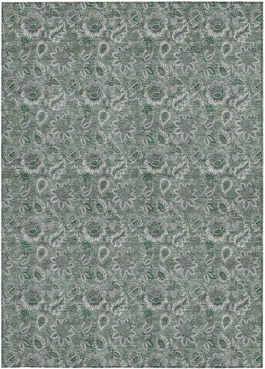 Sage Green And Silver Floral Washable Indoor Outdoor Area Rug Photo 6