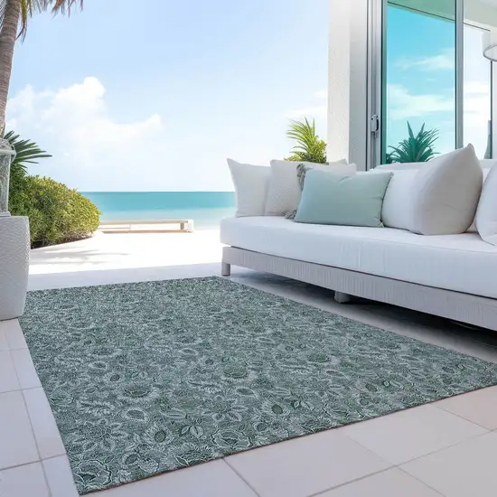 Sage Green And Silver Floral Washable Indoor Outdoor Area Rug Photo 9