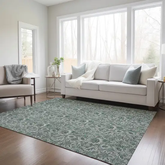 Sage Green And Silver Floral Washable Indoor Outdoor Area Rug Photo 8