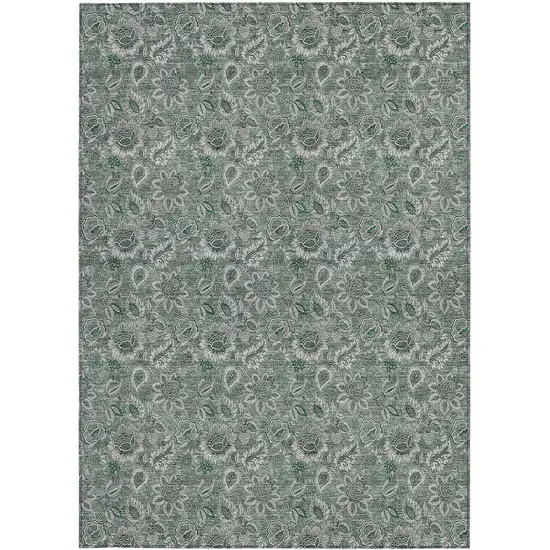 Sage Green And Silver Floral Washable Indoor Outdoor Area Rug Photo 5