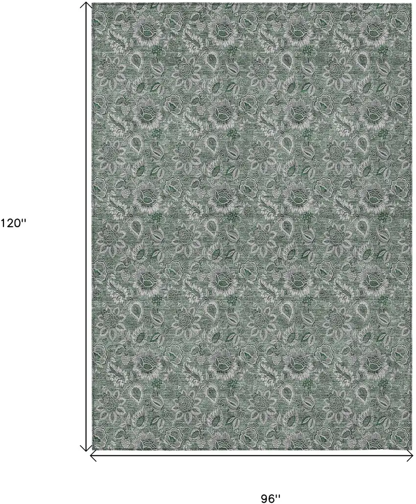 Sage Green And Silver Floral Washable Indoor Outdoor Area Rug Photo 3