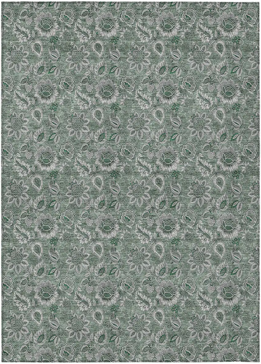 Sage Green And Silver Floral Washable Indoor Outdoor Area Rug Photo 2