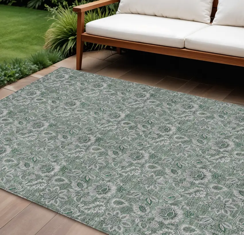 Sage Green And Silver Floral Washable Indoor Outdoor Area Rug Photo 1