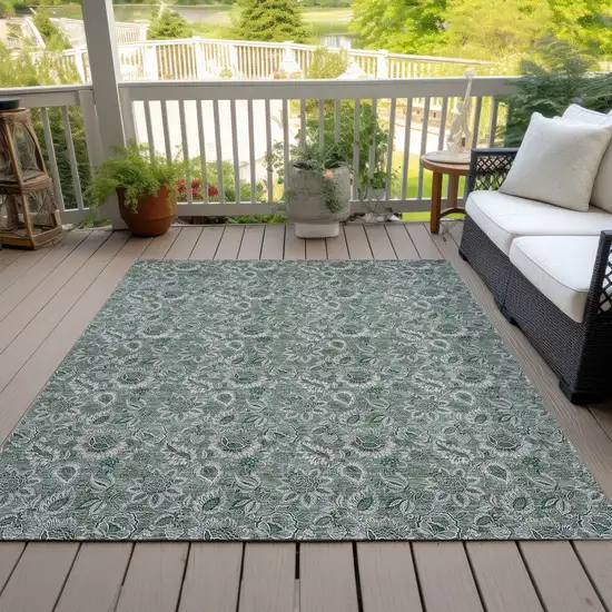 Sage Green And Silver Floral Washable Indoor Outdoor Area Rug Photo 8