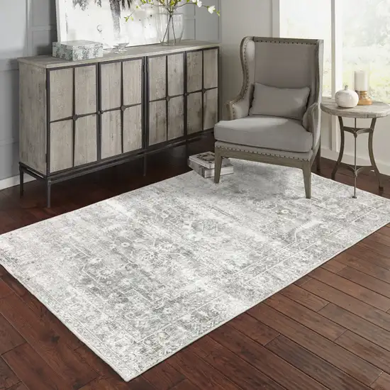 Sage Green Grey Ivory And Silver Oriental Printed Stain Resistant Non Skid Area Rug Photo 9