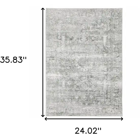 Sage Green Grey Ivory And Silver Oriental Printed Stain Resistant Non Skid Area Rug Photo 3