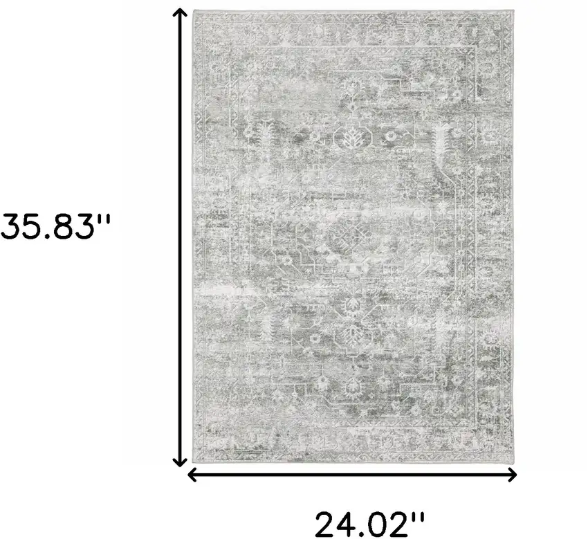 Sage Green Grey Ivory And Silver Oriental Printed Stain Resistant Non Skid Area Rug Photo 3