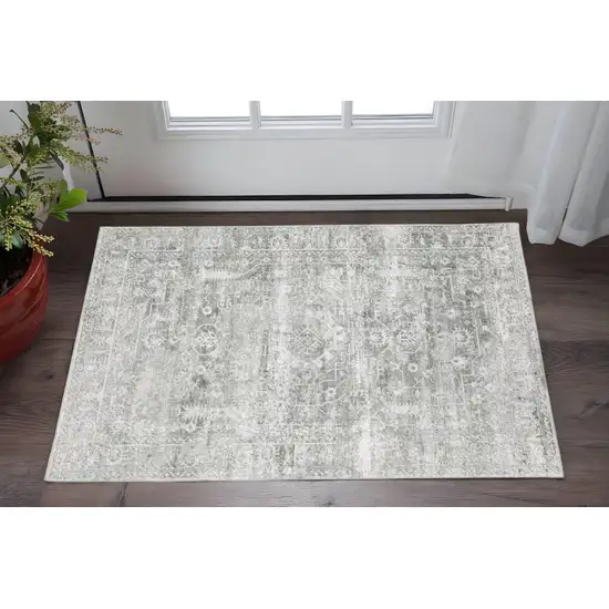 Sage Green Grey Ivory And Silver Oriental Printed Stain Resistant Non Skid Area Rug Photo 1