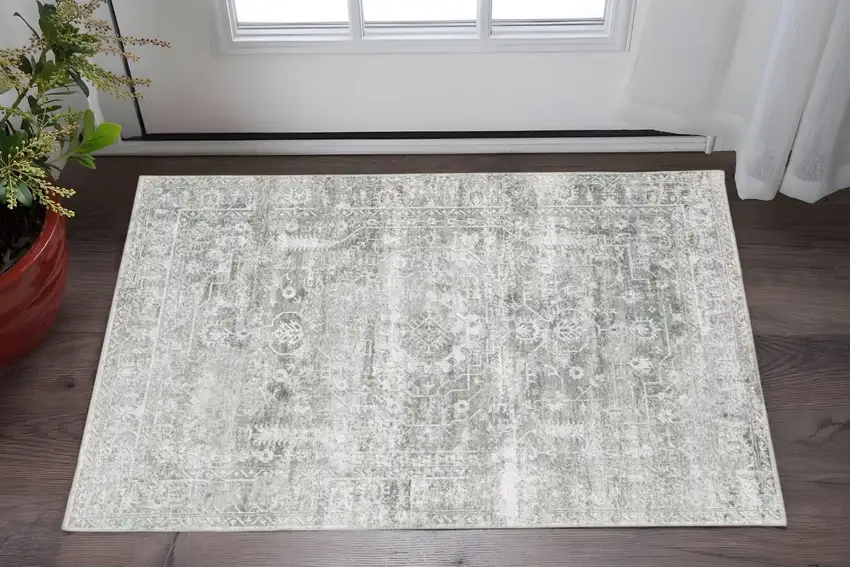 Sage Green Grey Ivory And Silver Oriental Printed Stain Resistant Non Skid Area Rug Photo 1