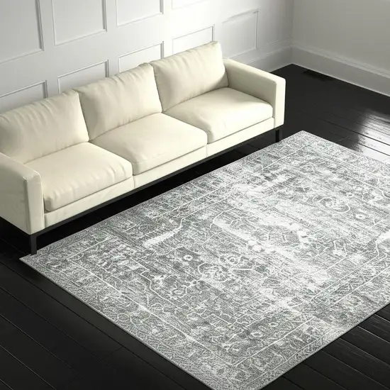 Sage Green Grey Ivory And Silver Oriental Printed Stain Resistant Non Skid Area Rug Photo 1