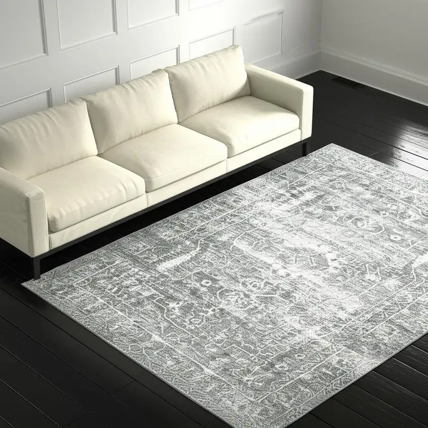 Sage Green Grey Ivory And Silver Oriental Printed Stain Resistant Non Skid Area Rug Photo 1